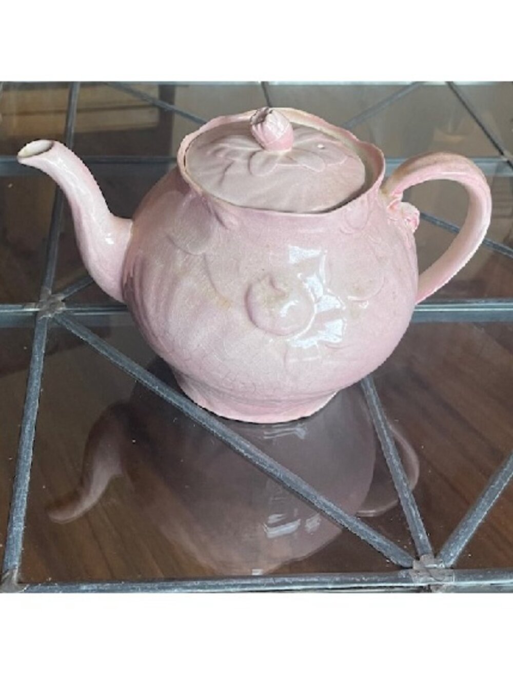 Royal Winton 1930s English Pink Teapot with Relief Floral Music Box Base Vintage